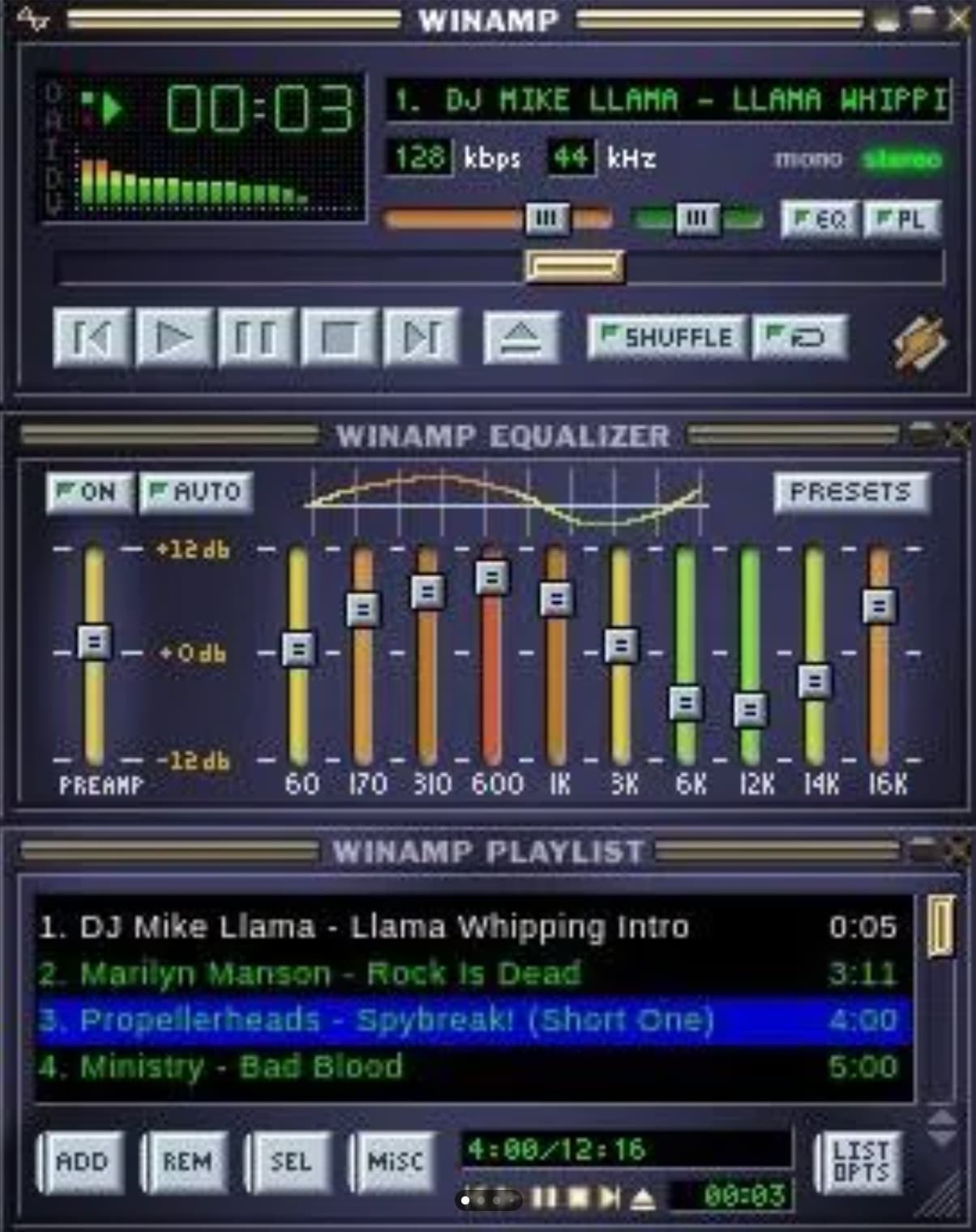 winamp 2000 - Datoo K Winamp Dj Mike Llama Llama Whippi 128 kbps 44 kHz mono stareo On Auto 12 db 0db N Shuffle Winamp Equalizer Feq Pl Presets 12 db Preamp 60 170 310 600 Ik 3K 6K 12K 14K 16K Winamp Playlist 1. Dj Mike LlamaLlama Whipping Intro 2. Marily